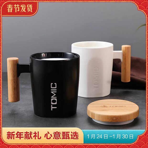 Temei Creative Ceramic Mug With Wooden Handle 400ml (White) - 5